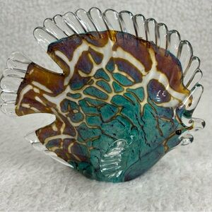 Decorative glass fish turquoise blue foiled brown 6.5" x 5.5" 70's Murano?